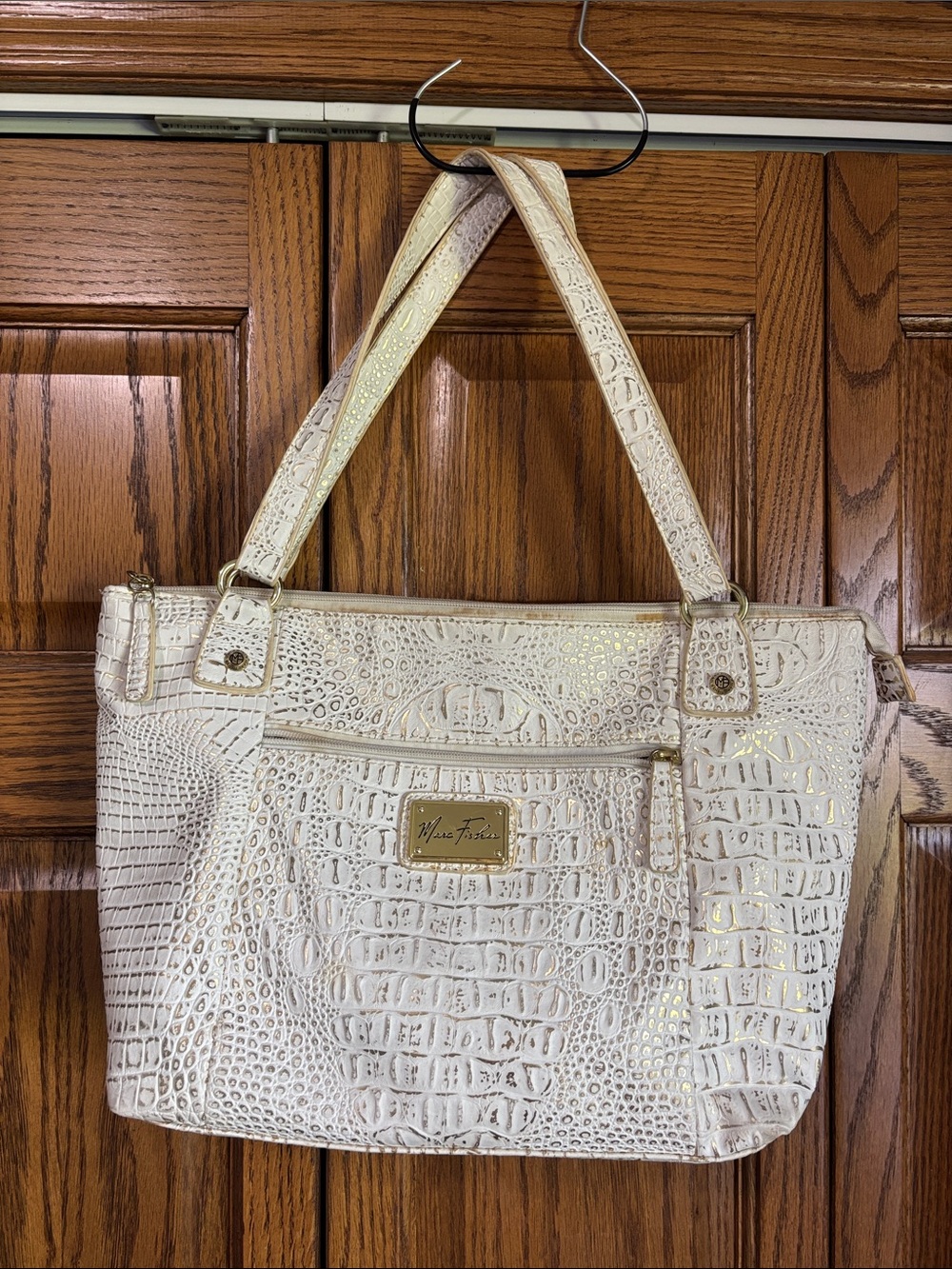Vince Camuto Cream Croc-Embossed Tote with Gold Hardware